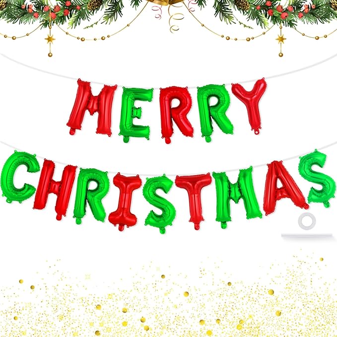 Red and Green Merry Christmas Letter Balloons Banner, Merry Christmas Foil Xmas Balloon for Xmas Party Decorations (Red and Green)