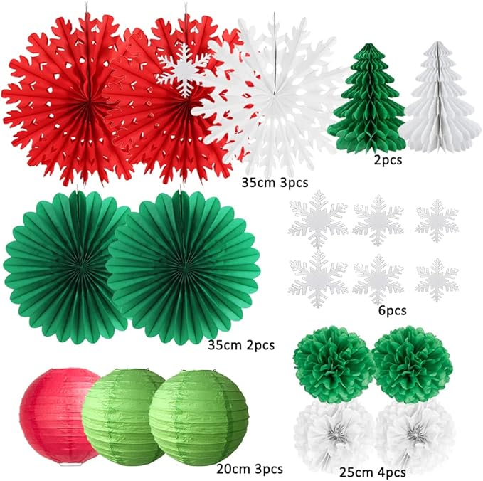 Christmas Party Decorations Indoor Red White and Green Christmas Decorations Hanging Paper Snowflakes Fans Paper Tree for Bridal Shower Baby Shower Birthday Party