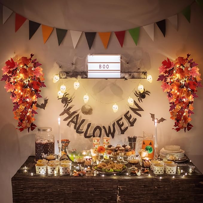 Halloween Garland Decor Indoor Table Decorations Fall Wall Hanging Artificial Black Maple Leaf Vine Decorations for Home (2 Pcs Fall Light, Set with Light)