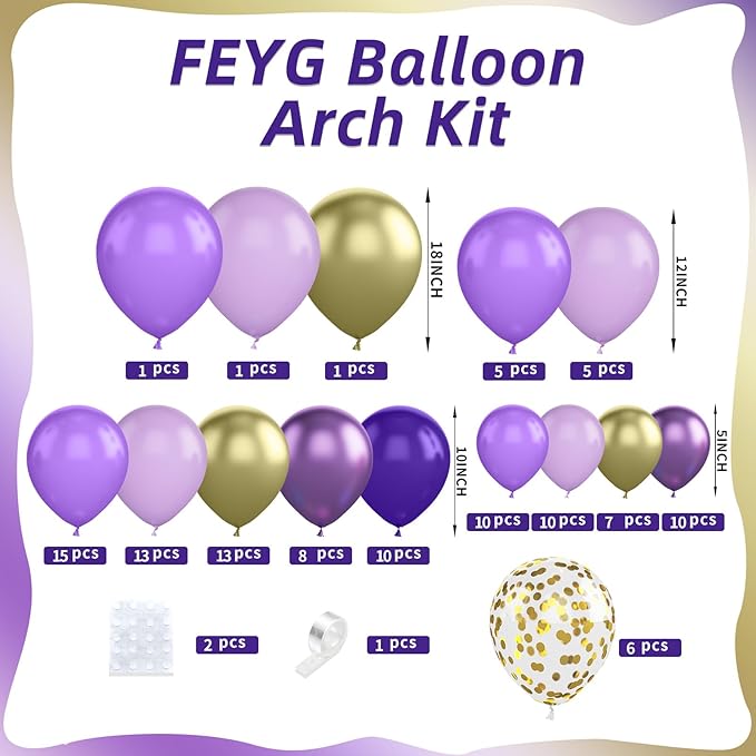 Purple and gold Balloon Arch Kit, 120PCS Purple and White Balloon Garland Pastal Purple White Gold Confetti Balloons for Girls Birthday Baby Shower Bridal Shower Graduation 2025 Party Decorations