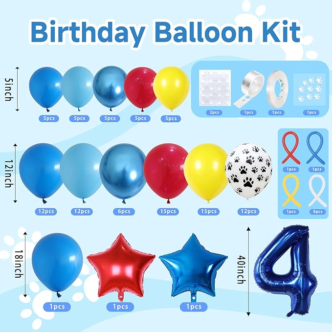 4th Birthday Decorations Boy, Dog Paw Fourth Birthday Balloons Arch with Red Blue Yellow Latex Balloons and Long Balloon Number 4 and Star Foil Balloon for Paw Party Supplies