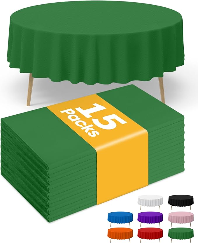 Green Plastic Table Cloth Round Table 15 Pack, 84'' Tablecloth for Round Tables, Table Cloth for Disposable Use, Table Cover for Holiday Party, Gathering
