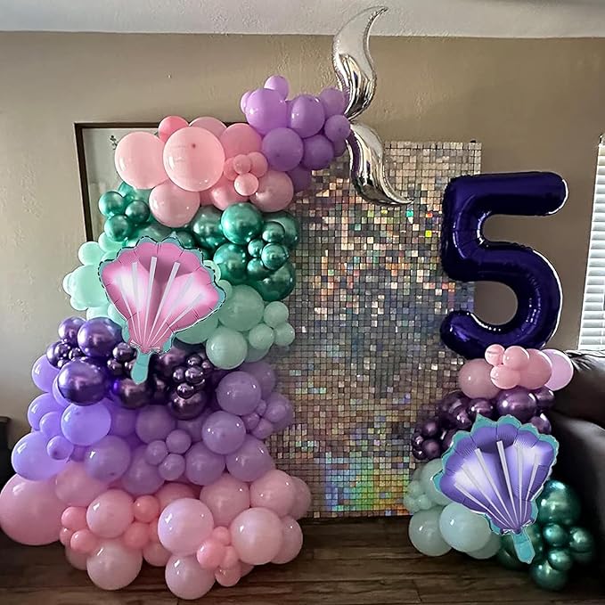 Mermaid Balloon Garland Arch Kit, 106 Packs Metallic Purple Pink Green Blue Latex Balloons with Mermaid Tail Seashell Foil Balloons for Girls Birthday, Baby Shower Party Decorations