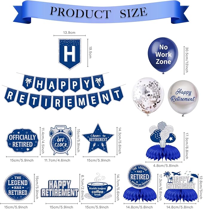 25Pcs Retirement Party Decorations for Men Women, Blue Silver Happy Retirement Banner Hanging Swirl Balloons Honeycomb Centerpiece Party Supplies Set