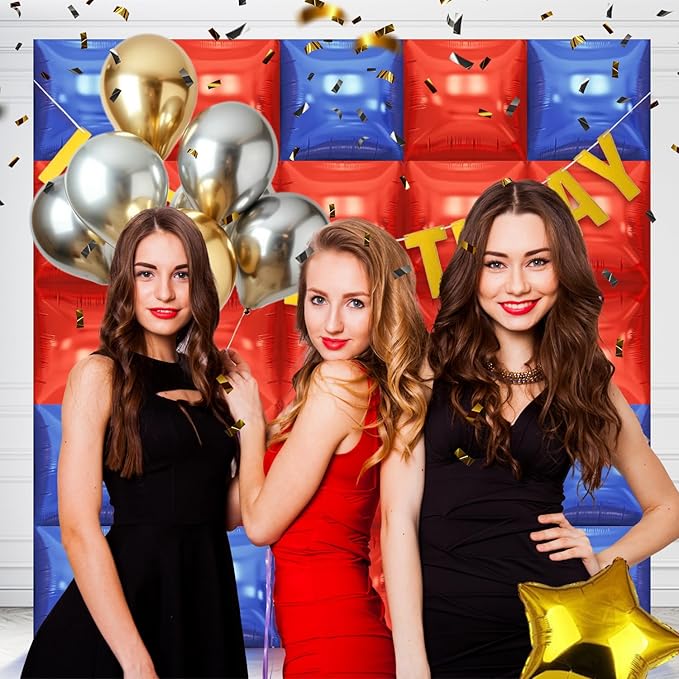50PCS Blue Red Square Foil Balloon Wall, 19'' Reusable DIY Mylar Double Side Balloons Garland Tunnel Arch Kit for Anniversary Baby Shower Bachelorette Birthday Game Party Decor