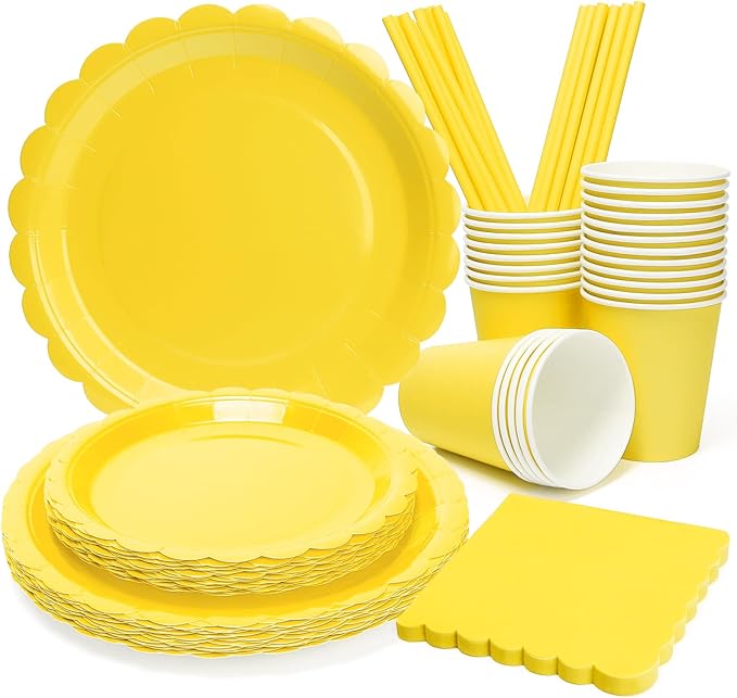 168PCS Party Plates, Scalloped Gingham Paper Plates and Cups and Napkins Sets Party Supplies for Birthday Wedding Bridal Shower Baby Shower Picnic, Serve for 24 Guests (Yellow Scalloped)