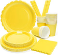 168PCS Party Plates, Scalloped Gingham Paper Plates and Cups and Napkins Sets Party Supplies for Birthday Wedding Bridal Shower Baby Shower Picnic, Serve for 24 Guests (Yellow Scalloped)