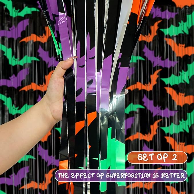 2 Packs Bat Foil Fringe Curtains - Purple Orange Green Halloween Door Streamers for Photo Backdrop, 3.3 x 6.6 ft Tinsel Curtains for Beetlejuice, Monster or Neon Glow Party Decorations