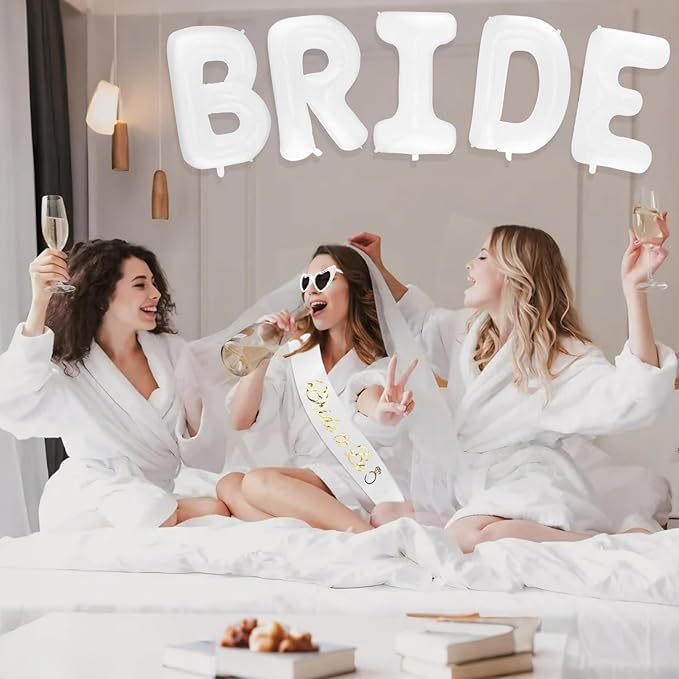 40-Inch BRIDE Balloon & Bridal 4-Piece Set: Bride to Be Pearl Sunglasses, Sash & Veil - Bachelorette Party Decor for Bridal Shower & Wedding Celebrations