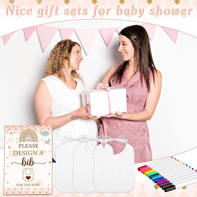 50 Pcs Baby Shower Game White Bib Kit Include 1 Wooden Baby Shower Game Sign 25 DIY Blank White Bibs 24 Colorful Markers(Boho)