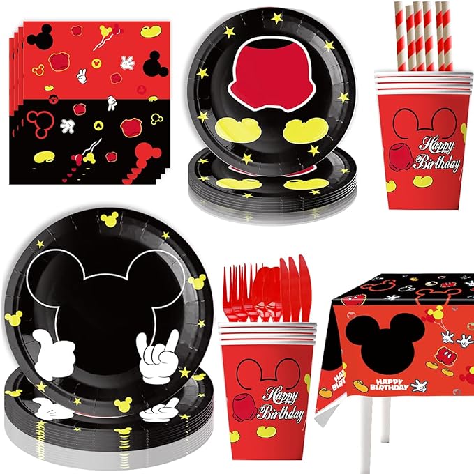 91Pcs Red Mouse Party Supplies Tableware Set, Cartoon Theme Birthday Party Decorations Include Paper Plates, Napkins, Tablecloth, Straws, Cups, Knives, Spoons and Forks (Red)