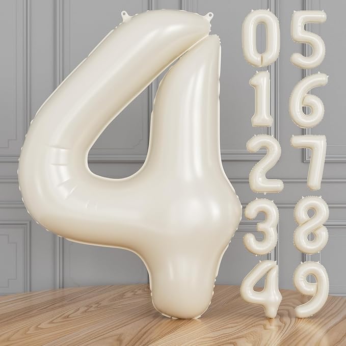 Cream Number 4 Balloons – 40 Inch Giant Foil Number Balloon, Light Cream Number Balloon for Birthday Anniversary Baby Shower Party Decorations