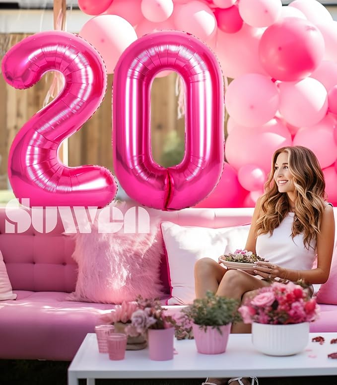 SUWEN 40 Inch Hot Pink Large 20 Number Balloons Big Foil Helium Number Balloons 0-9 Jumbo Happy 20th Mylar Birthday Party Decorations for Women Anniversary Party Supplies