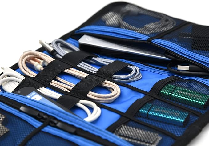 Patu Roll Up Electronics Accessories Travel Gear Organizer Case, Portable Universal External Batteries Hard Drives Cables Cosmetics Kit Bag, Navy