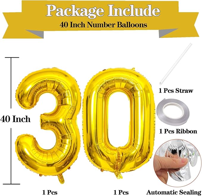 Giant Gold Number 30 Balloons, 40 Inch Jumbo Number 30, Large Foil Mylar Balloons for Girls Women 30th Birthday Party Decorations, 30 Anniversary Events Decorations