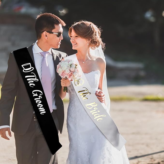 Bride and Groom Sash Just Married Sash The Bride Sash The Groom Sash Bachelorette Party Favors Just Engaged Sash Bridal Sash Engagement Gifts Black White