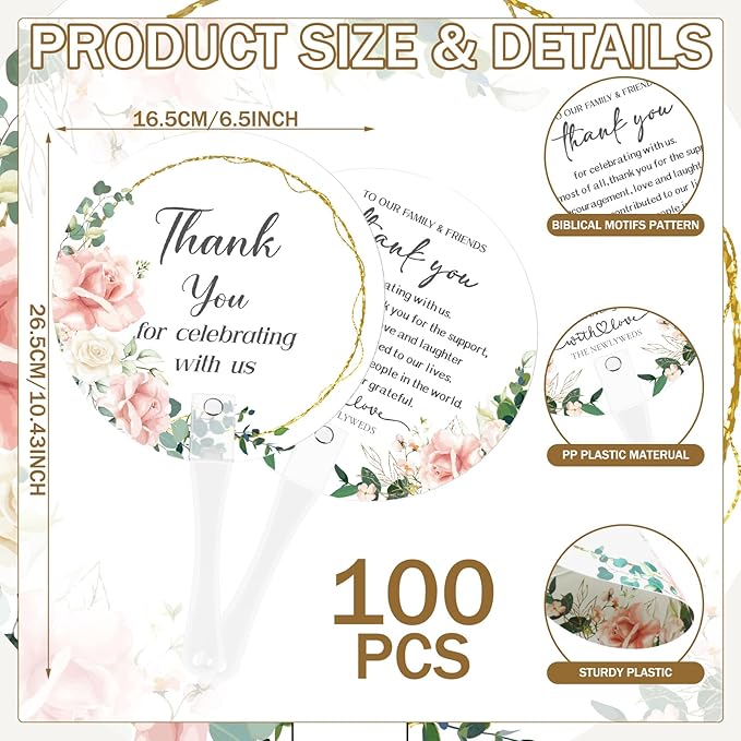 100 Pcs Wedding Hand Fans for Guests Bulk Decorative Plastic Handheld Wedding Favor Fans with Handle Thank You for Celebrating with Us for Ceremony Bridal Shower Party Decor(Flower)
