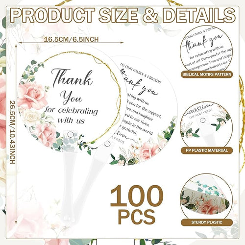100 Pcs Wedding Hand Fans for Guests Bulk Decorative Plastic Handheld Wedding Favor Fans with Handle Thank You for Celebrating with Us for Ceremony Bridal Shower Party Decor(Flower)
