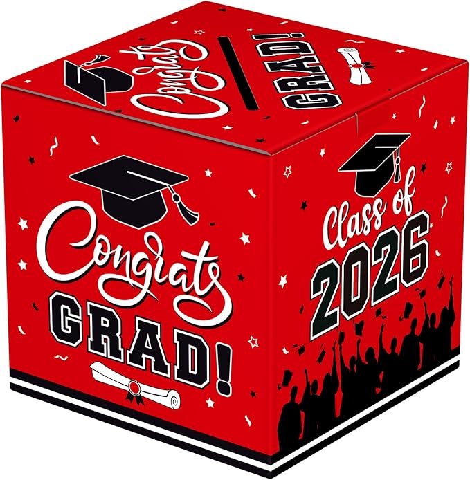 Graduation Card Box 2026 - Congrats Grad Card Boxes Holder, Red Class of 2026 Graduation Gift Cards Box for Graduation Party Decorations 2026 Favors Decor Supplies Props,9x 9 x 9 inches