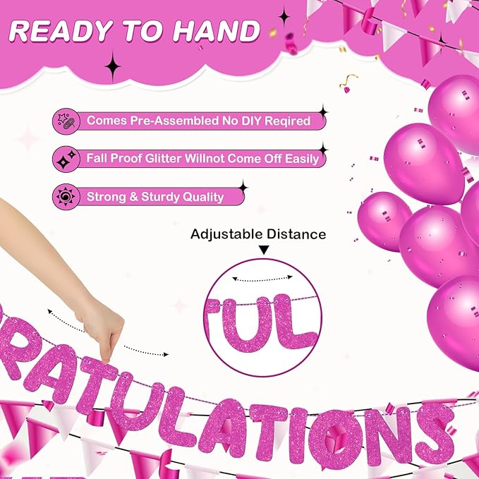Fulmoon Pre Strung Congratulations Quitter Glitter Banner Funny Retirement Banner Graduation Party Decorations Going Away Supplies Garland for Men Women Gifts, No DIY(Rose Red)