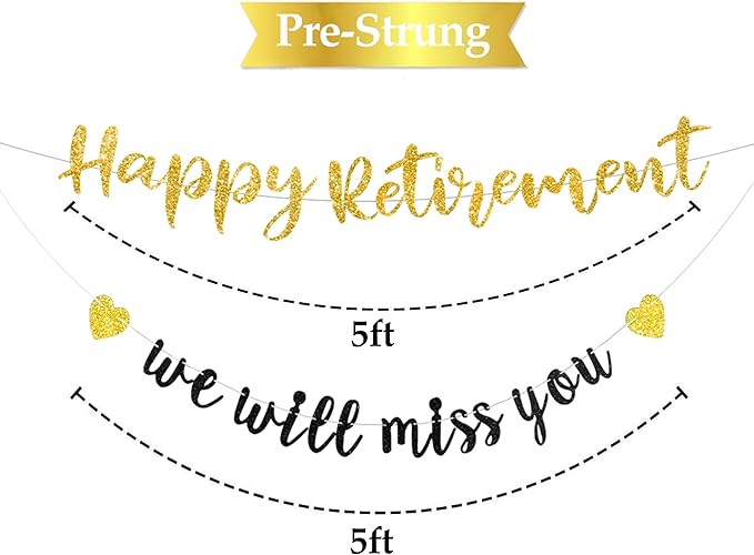 Pre-strung Happy Retirement & We will miss you Banner, Pre-strung on 8 ft Strand Black Gold Glitter Retirement Party Decorations Sign, Going Away Party Farewell Party Supplies and Gifts for Coworker, Men Women