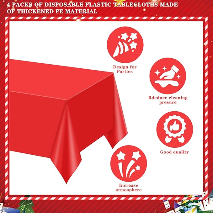 mwellewm 4 Packs Red Tablecloth, Plastic Red Table Cloth Christmas Tablecloth 54" × 72" Rectangle Disposable Tablecloths Waterproof Green Table Cover for Party Holiday & Gathering Use