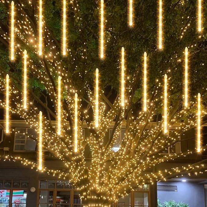 Christmas Meteor Shower Lights Outdoor, 288 LED 12" 8 Tubes Waterproof Christmas Lights Outdoor Plug in, Snow Falling Rain Icicle Xmas Light Decorations, Warm White