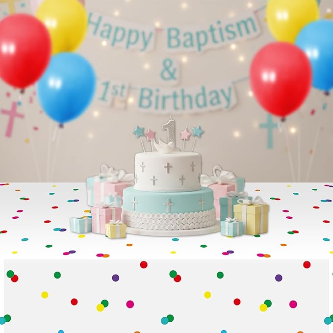 K1tpde Colorful Rainbow Party Tablecloth - 3PCS Colorful Dot White Plastic Tablecloth, Multicolor Dot Birthday Disposable Tablecover, Rainbow Dots Party Supply for 1st Baby Shower Birthday Decorations