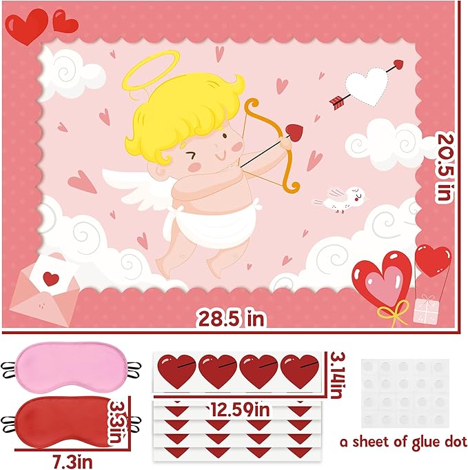 Pin The Heart On The Cupid Arrow Game Large Poster with 24 Pcs Stickers Fun Classroom Activity Party Decorations Wall Decor for Kids Birthday Baby Shower Couples Valentine’s Day