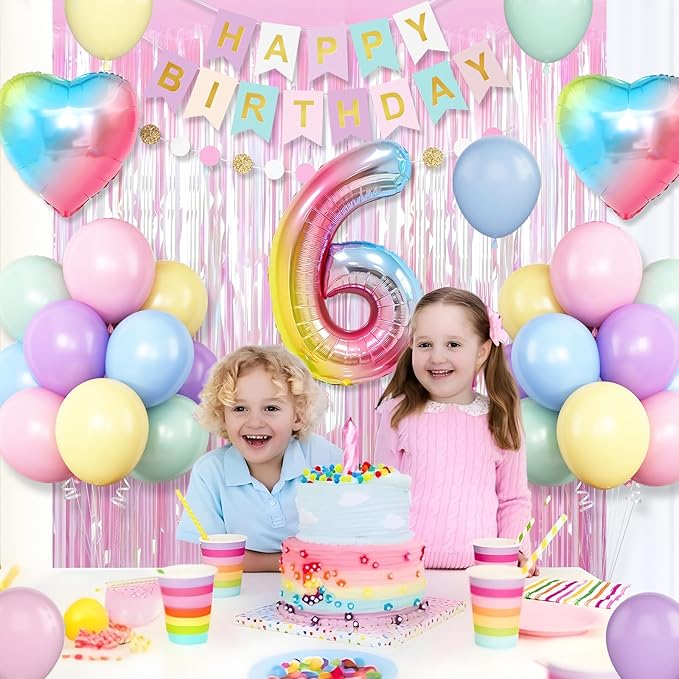 6th Birthday Decorations Rainbow,Gradient Number 6 Balloon,Pastel Happy Birthday Banner Fringe Curtain Heart Foil Balloons Boys Girls 6 Year Old Decor