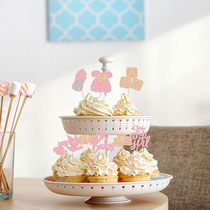 24Pcs Baby Shower Oh Baby Cupcake Toppers with Bow Dress Bottle Swan Pink Glitter It's a Girl Cake Picks Decorations for Baby Shower Gender Reveal Girls Birthday Party Supplies