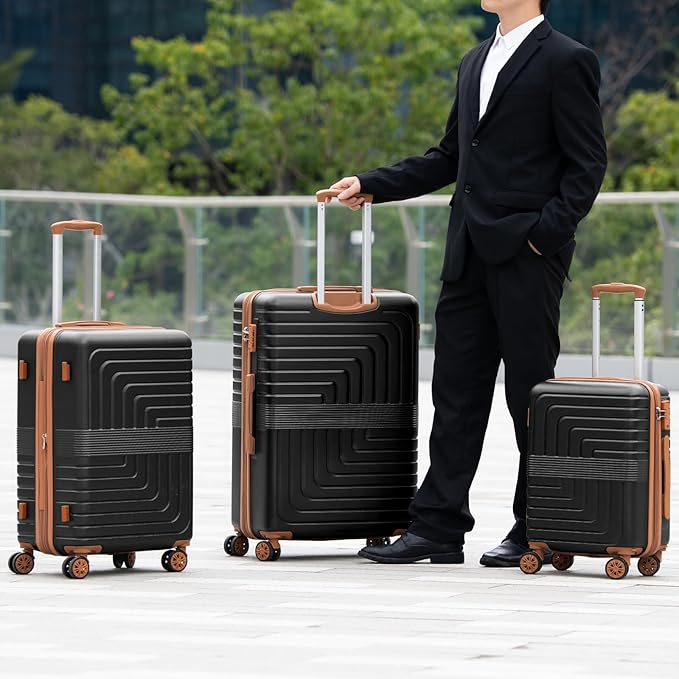 Romswi 3-Piece Expandable Luggage Set 20/24/28 Inch, Spinner Hardshell Lightweight Suitcases with TSA Lock, YKK, Checked & Carry On Luggage Set, Black