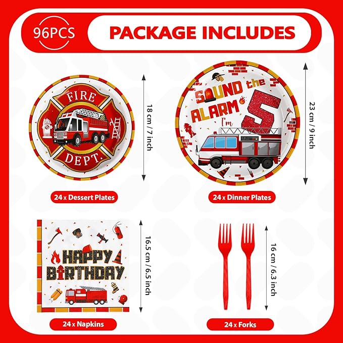 Grencian 96Pcs 5th Fire Truck Birthday Party Supplies Sound the Alarm 5th Birthday Plates and Napkins Tableware Set Red White Decoration for 5 Years Old Fire Theme Fireman Firetruck Serve 24