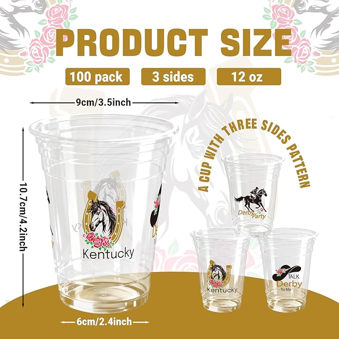100 Pack Horse Plastic Cups 12 oz Horse Racing Disposable Clear Party Favor Drinking Cold Beverage Cup for Party Supplies Decorations