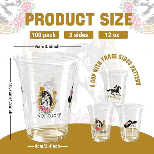 100 Pack Horse Plastic Cups 12 oz Horse Racing Disposable Clear Party Favor Drinking Cold Beverage Cup for Party Supplies Decorations