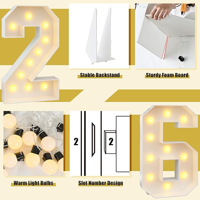 4ft Light Up Numbers 26 Number with Lights Bulbs White Marquee Frame Slots-in for 26th Birthday Party Decorations Pre-Cut Mosaic Cardboard Large Cut-Out Thick Foam Board 26 Sign Graduation New Year