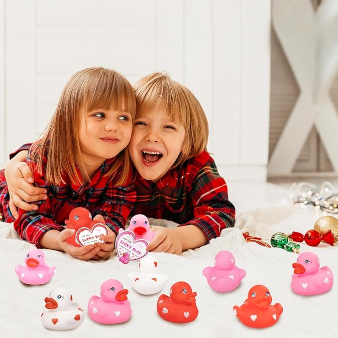20pcs Rubber Ducks with Cards Gift Valentines Day Party Favors Small 2.36” Assorted Pink Red White Squeaky Duckies in Bulk with Love Heart Cards Treats Giveaways for Kids Cupcake Topper