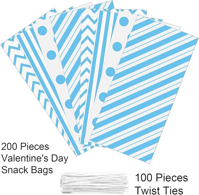 Aneco 100 Pack Blue Cellophane 10.6 x 5.1 Inch Plastic Candy Gift Goodie with Twist Ties for Valentine, Birthday, Gift Cookie Snack Packing Party Favor Supplies