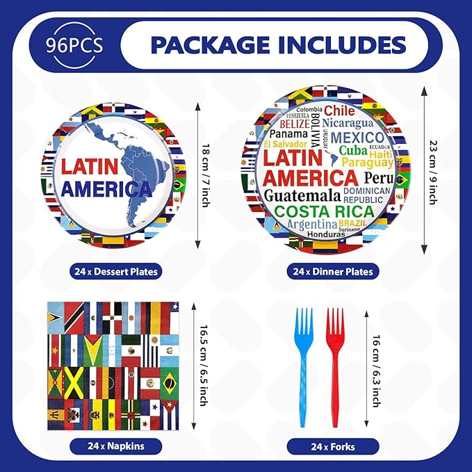 96Pcs Hispanic Heritage Month Decorations Latin America Countries String Flags Plates and Napkins Countries Flags Themed Tableware Favors for Latin Cultural Sports Events Party Supplies Serves 24