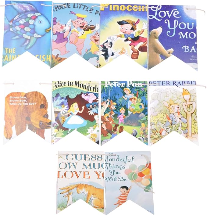 Book Garland – Vintage Book Pages String Decoration – 22 Pieces Perfect for Book Lovers, Kids Room Decor, Themed Parties, Comic Story Party Banner, Home, Library (Print Type, Double-Sided Print)