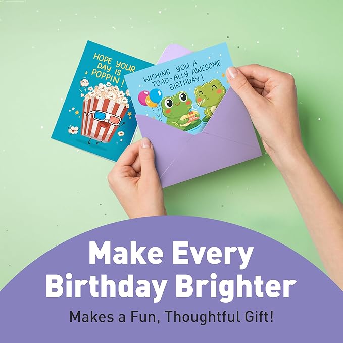 Sweetzer & Orange Funny Birthday Cards Bulk Set – 24 Punny Cards (12 Designs, 2 Each) with 24 Colorful Envelopes & Storage Box – Funny Messages – Cute Birthday Cards for Kids, Adults, Friends & Family