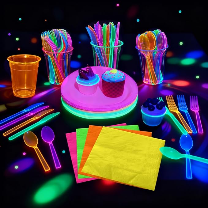 Glow in the Dark Party Supplies, Including Colorful Plates Napkins Tablecloth Banner and Dinnerware for Let's Glow Neon Party Decorations, Serves 20