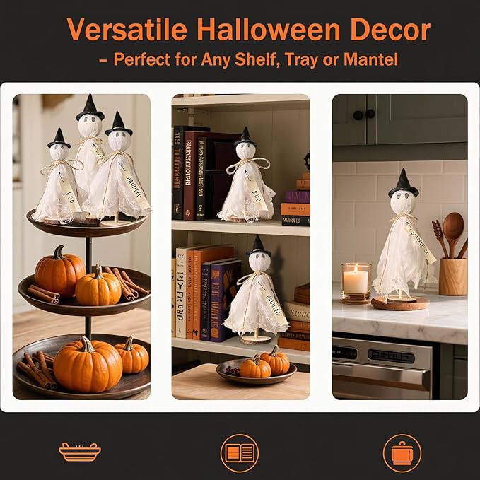 Halloween Decorations Indoor - 3 Set Primitive Halloween Ghosts with Hat, Wooden Stand Ghost Decor for Table Centerpieces, Mantels, Shelves, Vintage Spooky & Festive Party Decor