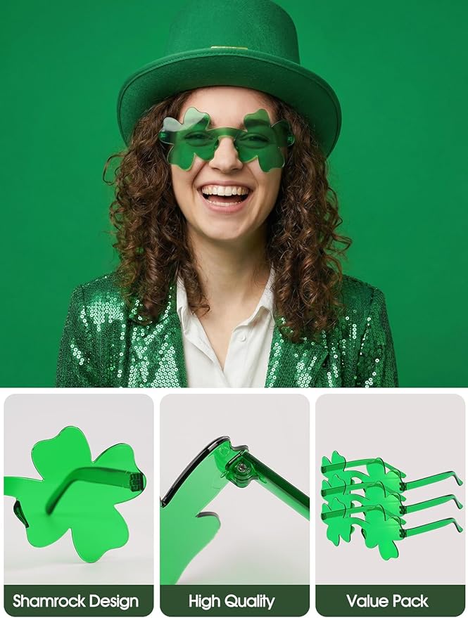 12 Pairs Saint Patricks Day Shamrock Glasses Accessories for Adult Clover Glasses Fun Trendy Transparent Shamrock Sunglasses Party Favor (12 Pairs-Green Clover) ﻿