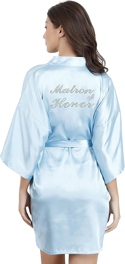 EPLAZA Women's One Size Silver Rhinestones Bride Bridesmaid Short Satin Robes for Wedding Party Getting Ready