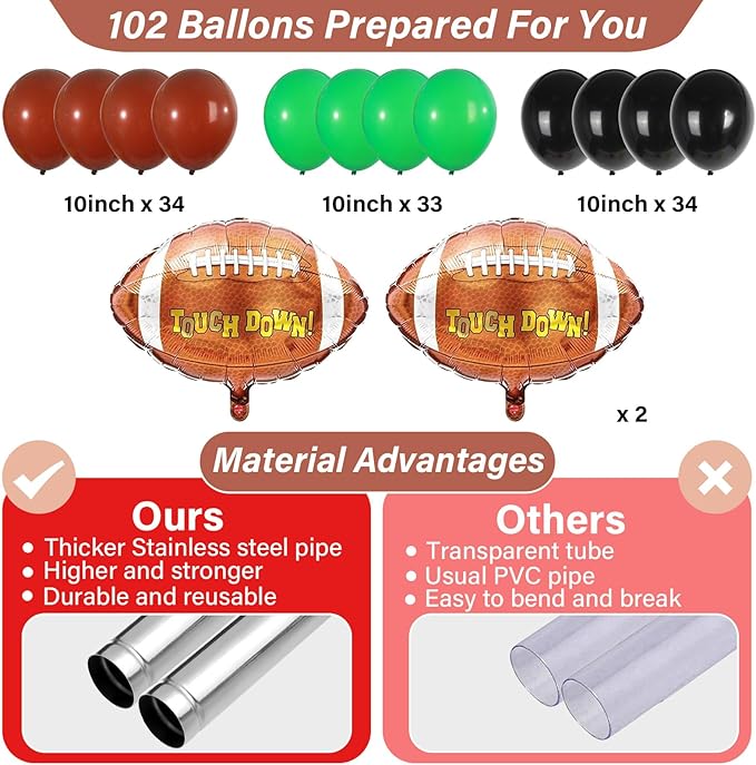 2 Sets Football Party Balloon Column Stand Kit With 102 Rugby Foil Balloons 5.57Ft Adjustable Balloon Tower Stand With Base Game Sports Arch Column for Sports Tailgate Game Day Birthday Party Supplies