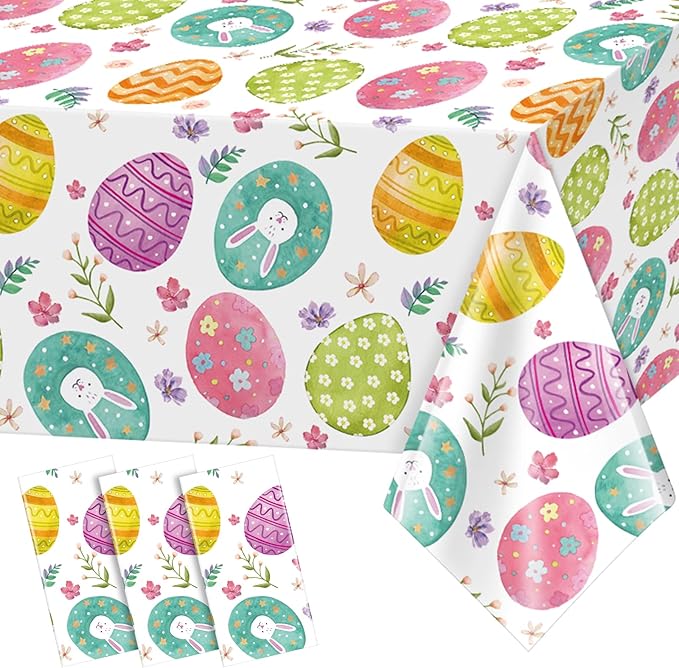 Ragnhild 3 Pack Easter Tablecloth Party Decorations, Easter Eggs Bunny Plastic Tablecloth Table Decor, Watercolor Spring Disposable Rectangle Table Cover for Home, Kitchen, Dining Room, 54 x 108 Inch