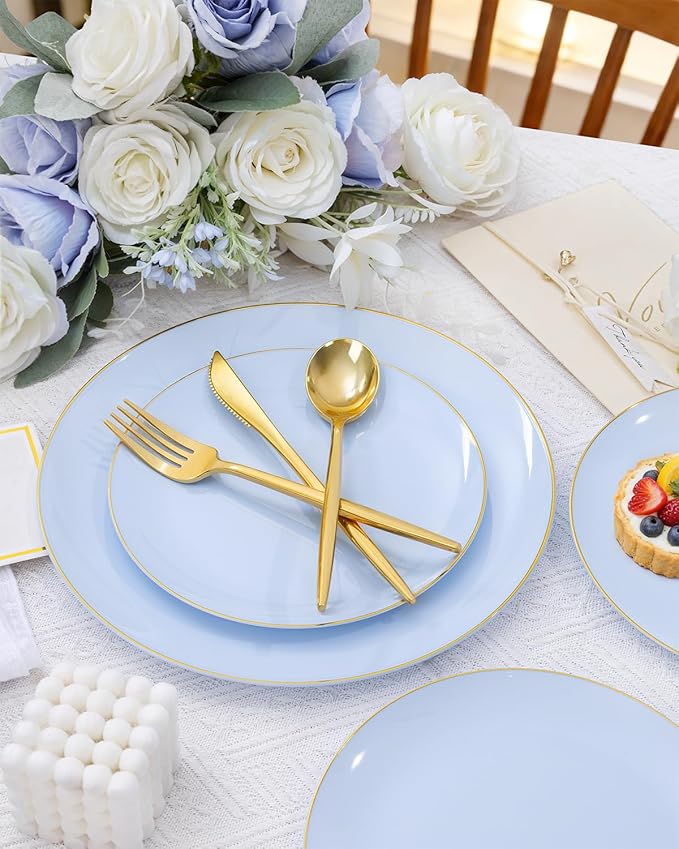 bUCLA 150PCS Blue Plastic Plates - Light Blue and Gold Disposable Include 25 Each (Dinner & Dessert) Plates, 25 Knives, 25 Forks, 25 Spoons and 25 Cups, Ideal for Party, Easter, Birthday & Wedding