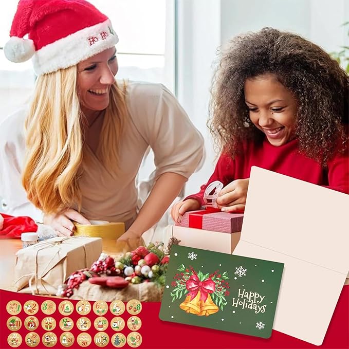 12 Pcs Christmas card with Envelopes & 24 Pcs Sticker,Cartoon categories holiday cuteness multiple loose cards with envelopes and written blessing messages, can be given to friends, family, children, boys and girls (Green)