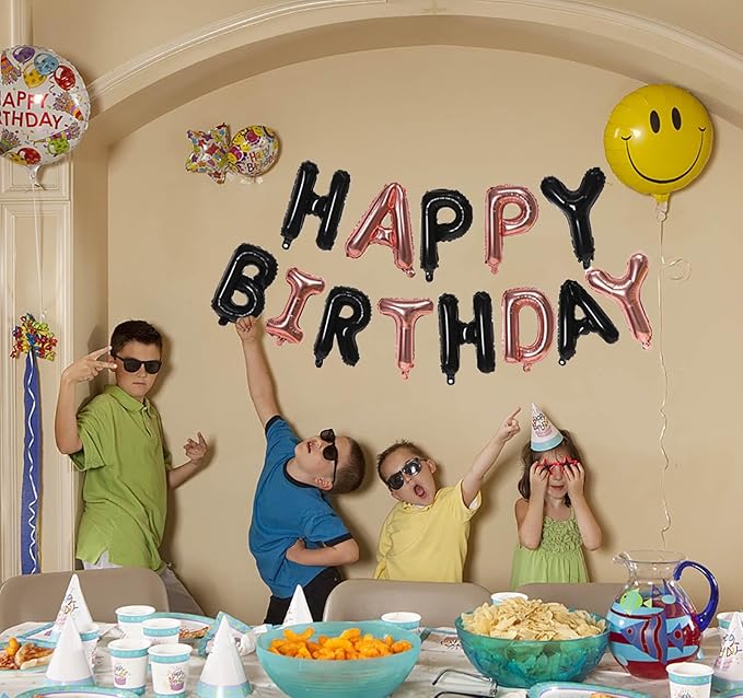 KALOR Black and Rose GoldHappy Birthday Balloons Banner, 16 Inch Mylar Foil Letters Balloon Sign for Birthday Party Decorations Photo Booth Backdrop